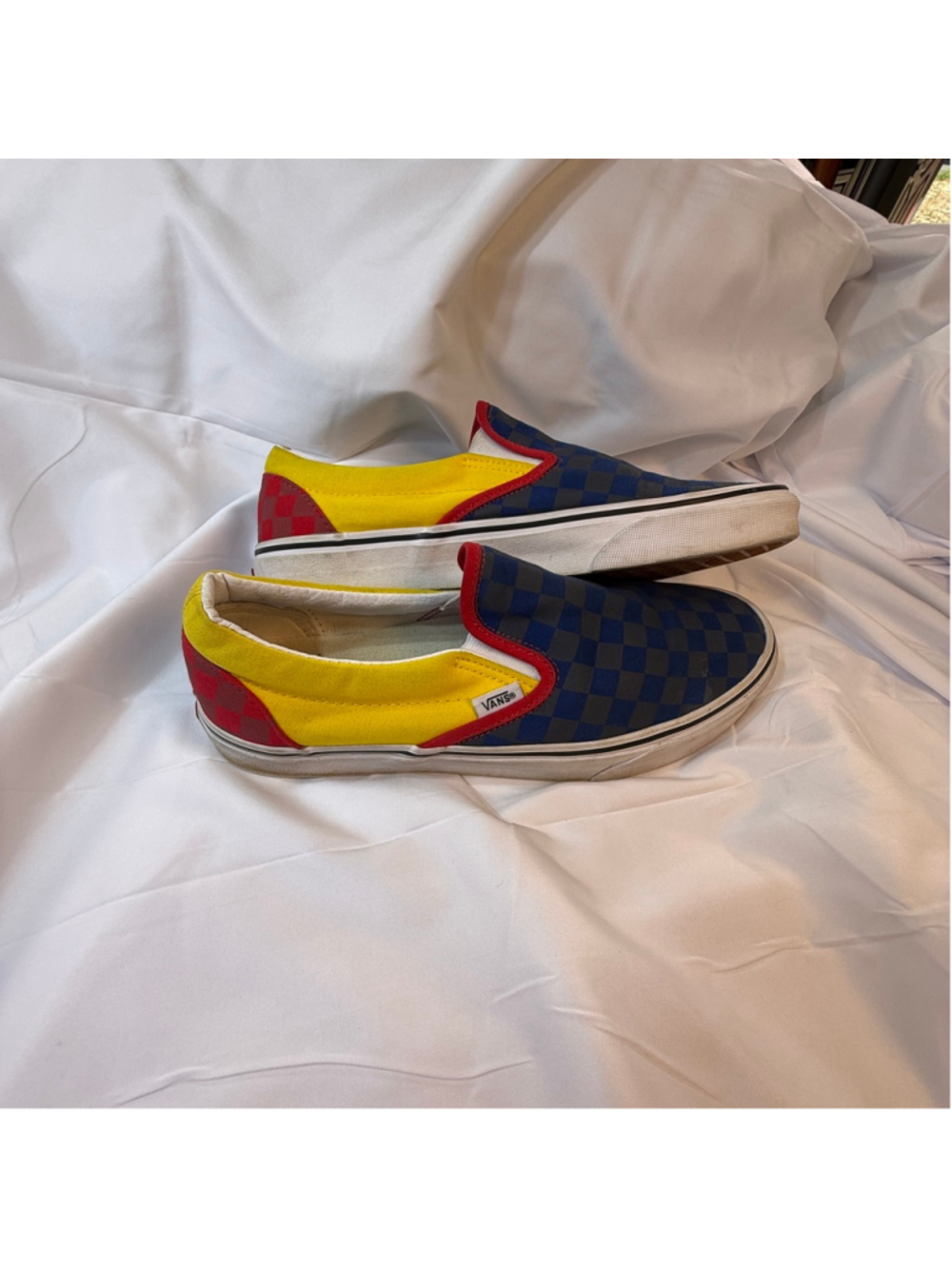 Vans Classic Slip-On Checkerboard Colorblock Blue Yellow Red Sneakers Men’s 9 Wo - Picture 6 of 9